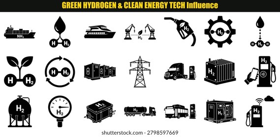 This image presents a collection of dark monochrome depictions of equipment and chemical structures related to hydrogen energy. Notable elements include a ship a crane fueling nozzles and representations of hydrogen molecules and ammonia.