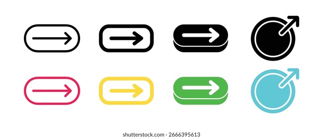 Esta Imagen presenta una colección de ocho íconos de flecha, cada uno mostrando una dirección hacia la derecha o hacia arriba. Los estilos varían de delineados a rellenos e incluyen colores como el rojo y el verde.