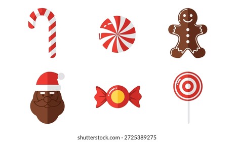 This image presents a collection of festive sweets, including a candy cane, a swirl lollipop, and a gingerbread man. The illustrations feature bright colors and a flat design style, creating a visually appealing composition. The objects appear against a white background, suggesting potential use for holiday-themed commercial projects and editorial content.