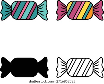 Esta Imagen presenta una colección de cuatro ilustraciones simples de un caramelo envuelto. La fila superior presenta dos versiones coloridas con patrones de rayas diagonales en el cuerpo del caramelo y extremos retorcidos de colores contrastantes. El primer caramelo colorido usa rayas verde azulado, rosa y verde, mientras que el segundo usa rayas rosadas, amarillas y naranjas. La fila inferior ofrece dos versiones monocromáticas: una silueta negra sólida y una ilustración de contorno con rayas diagonales en la envoltura. Este conjunto de iconos demuestra versatilidad para el uso del diseño en diferentes contextos, desde el color completo hasta el arte lineal simple.