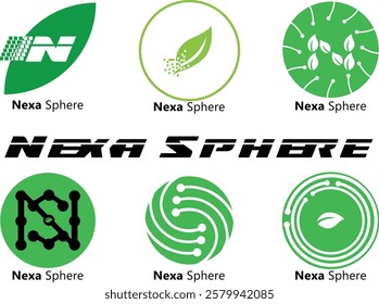 This image presents a collection of six innovative green logo designs integrating nature and digital technology themes.