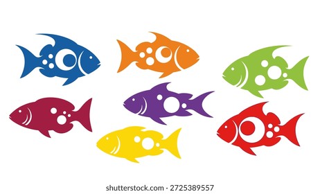 Esta imagem apresenta uma coleção de ilustrações de peixes estilizados, cada um renderizado em uma paleta de cores vibrantes. Os desenhos apresentam contornos suaves, padrões decorativos e um estilo gráfico limpo, definido em um plano de fundo branco. Adequado para várias aplicações, incluindo projetos impressos e digitais, bem como materiais educacionais.