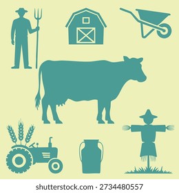 This image presents a collection of teal-colored silhouettes on a pale yellow background, depicting various elements of farm life. Prominently featured is a cow, alongside a farmer with a pitchfork, a barn, a tractor with wheat, a wheelbarrow, a milk jug, and a scarecrow. The overall aesthetic is reminiscent of vintage or retro farm illustrations, with a cohesive color scheme and clear, distinct shapes.