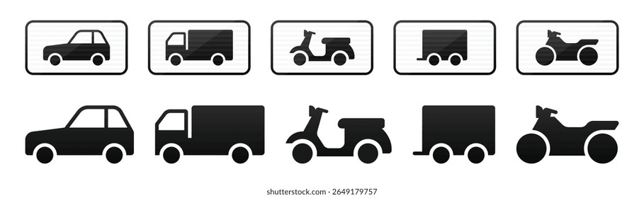 Esta imagem apresenta uma coleção de silhuetas de veículos. Estes incluem carros, caminhões, motocicletas e reboques. Os veículos são apresentados de forma clara e simples.