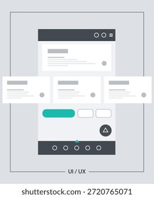This image presents a conceptual overview of user interface (UI) and user experience (UX) design, featuring various interactive elements and layout structures. It includes a browser window with content placeholders, typical of wireframing or mockups, alongside three smaller content cards. Below, there are distinct interactive components such as active and inactive buttons, a control element, and a bottom navigation bar with indicator circles, demonstrating common building blocks used in digital product design and development.
