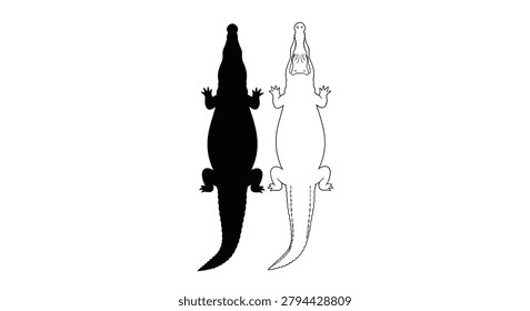 This image presents a crocodile illustration, with one version as a solid black silhouette and the other as a white