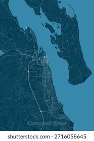Esta Imagen presenta un mapa detallado del río Campbell, representado en tonos de azul. El mapa muestra el diseño de la ciudad, incluidas las calles, las vías fluviales y las características de la tierra circundante.