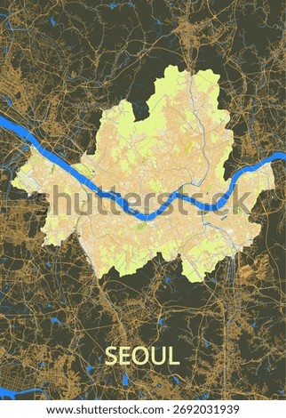 This image presents a detailed map of Seoul, South Korea, featuring a network of streets and geographical features. A prominent blue river meanders through the city.