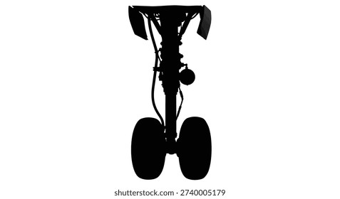 This image presents a detailed silhouette of an airplane's landing gear, highlighted by its striking black silhouette style and technical detail.