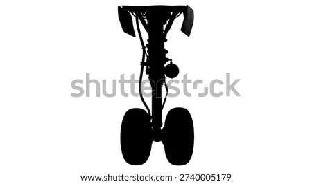 This image presents a detailed silhouette of an airplane's landing gear, highlighted by its striking black silhouette style and technical detail.