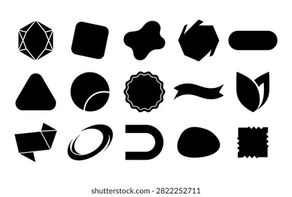 This image presents a diverse collection of abstract black badge and label shapes, rendered as distinct silhouettes against a white background, ideal for graphic design projects.