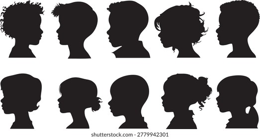 This image presents a diverse group of ten children's silhouettes, arranged in two rows. Each profile is rendered in black against a white background, emphasizing a range of hairstyles and potential gender representation. These silhouettes are perfect for conveying themes of childhood, diversity, education, and creating engaging visual content.