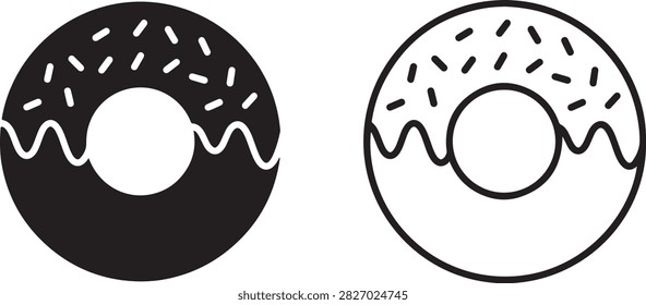 This image presents a donut with glaze and sprinkles, shown as both a solid black silhouette and a white-outlined line