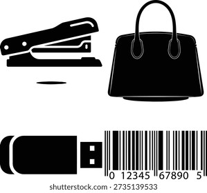 This image presents an efficient collection of four black silhouette icons, each sharply defined against a crisp white background. In the upper left, a classic office stapler is depicted, symbolizing paperwork, organization, office supplies, and administrative tasks. Adjacent to it, a stylish handbag is shown, representing fashion, accessories, shopping, and personal style. The lower left features a compact USB flash drive, a universal symbol for digital data storage, portability, and computer technology. Completing the quartet, the lower right illustrates a standard barcode with numbers, signifying product identification, retail, inventory management, and modern commerce. These straightforward and easily recognizable icons are ideal for business presentations, retail signage, technology guides, or fashion-related content, offering clear visual communication.