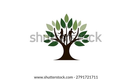 This image presents a family tree logo featuring parents and a child beneath a tree. The design uses shades of green and brown against a white background. The composition is simple, with flat illustration style and a clean visual hierarchy. Suitable for various applications, including family-oriented projects and conceptual representations.