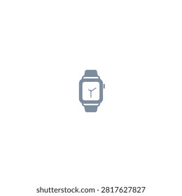 This image presents a flat vector illustration of a smartwatch, featuring a square face with clock hands. The smartwatch is depicted in shades of blue and gray, set against a plain white background.