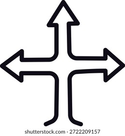 Esta imagem apresenta quatro setas, cada uma apontando em uma direção cardinal distinta. O trabalho de linha preta e arrojado cria um estilo de silhueta impressionante, enfatizando o conceito de caminhos divergentes e várias escolhas.
