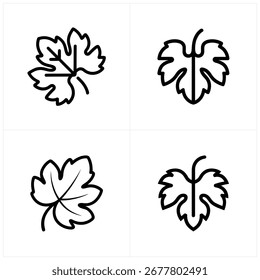 This image presents four distinct leaf icons with a bold black outline. These minimalist designs showcase various maple leaf shapes on a clean white background.