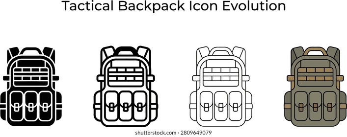 This image presents four distinct tactical backpack icon variations featuring solid outlined and colored designs