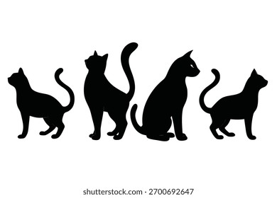 This image presents four distinctive black cat silhouettes, each in a different pose walking, sitting, standing, and arching the back with curled tails displayed against a transparent backdrop.