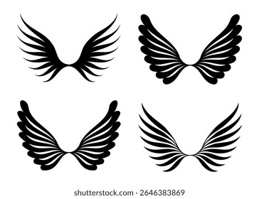 This image presents four unique black wing designs each rendered as a silhouette with detailed feathering. The stylized wings are arranged in a two-by-two grid on a clean white background.