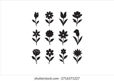 This image presents a grid of various black flower silhouettes against a clean, minimalist white backdrop.