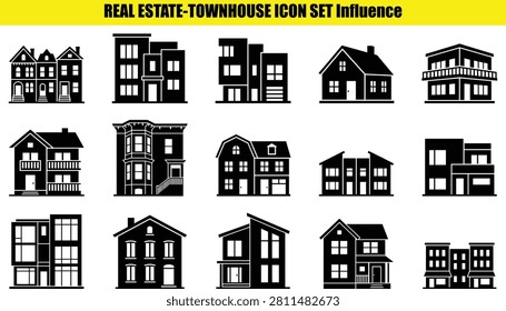 This image presents a grouping of house facades each with distinct architectural features. The style is two-dimensional resembling a pictorial representation of various residential buildings. The facades exhibit diverse designs and structural elements.