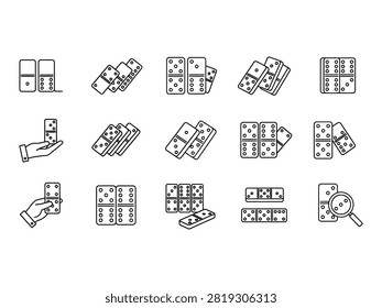 This image presents an icon bundle featuring a collection of domino-themed illustrations. Each icon is rendered in a distinct silhouette style, emphasizing bold outlines and high-contrast shapes that clearly depict various domino game scenarios, arrangements, and interactions.