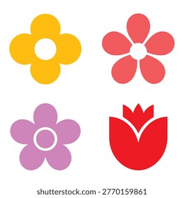 This image presents a lively and abstract collection of four floral icons, thoughtfully arranged in a two-by-two grid on a crisp white background. Each icon features a unique, simplified flower design with rounded petals and a central element, rendered in cheerful and vibrant colors such as yellow, orange, pink, and red. The style is distinctly modern and flat, emphasizing clean shapes and a joyful aesthetic. These graphic elements are ideal for adding a pop of color and a touch of nature to various design projects, including invitations, social media graphics, or children's educational materials. Their abstract and playful nature makes them highly versatile and engaging. The simplicity ensures scalability and easy integration across digital and print platforms, providing a fresh and inviting visual motif.
