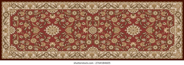 This image presents a long, horizontal Persian-style carpet pattern in elegant beige and brown tones. The design features a repeating symmetrical floral arrangement with delicate vines, blossoms, and medallion-like elements spread across the center. The outer border is richly decorated with continuous ornamental floral motifs, creating a refined and balanced composition. The soft neutral color palette gives a warm, classic, and timeless aesthetic, ideal for both modern and traditional design applications.