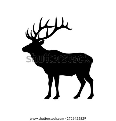 This image presents a majestic bull elk rendered as a high-contrast, solid black silhouette against a stark white background. The artwork captures the animal in a dignified, side-profile stance, emphasizing its powerful physical presence and the untamed spirit of the wilderness. The clean, sharp edges of the silhouette ensure a professional look that is both modern and timeless.