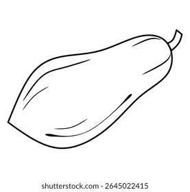 This image presents a minimalist black line drawing of a single papaya isolated on a clean white background. The simple yet distinct illustration highlights the natural shape and contours of the fruit