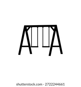 Esta Imagen presenta una silueta negra minimalista de un columpio estándar sobre un fondo blanco liso. La estructura presenta un diseño de marco en A con dos columpios suspendidos de la viga Horizontal, característico del equipo de patio común que se encuentra en parques y áreas de Ocio. El estilo gráfico simple y limpio lo hace adecuado para su uso como icono, símbolo o elemento de diseño.