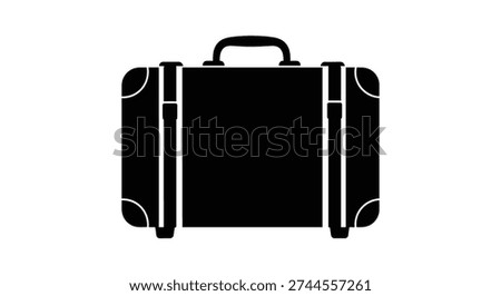 This image presents a minimalist, black silhouette of a classic suitcase, notable for its distinct flat style and travel association.