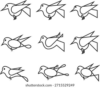 Esta Imagen presenta una colección minimalista de nueve ilustraciones de pájaros distintos, renderizadas en un estilo de arte lineal simple. Cada ave es representada con líneas limpias y abstractas que forman su cuerpo, alas, pico y, a veces, patas o una cola estilizada. Los diseños varían ligeramente, mostrando diferentes posturas o interpretaciones de un pájaro, manteniendo una estética geométrica y moderna consistente. Las figuras están dispuestas en una cuadrícula de 3x3 sobre un fondo blanco liso, enfatizando sus formas individuales y haciéndolas aptas para íconos, logotipos o Elementos de Diseño gráfico. La simplicidad de los contornos negros proporciona una representación visual clara y versátil de las formas aviares.