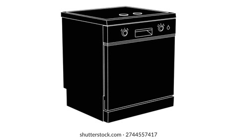 This image presents a minimalist depiction of a dishwasher, characterized by its bold, black silhouette style and clean lines.