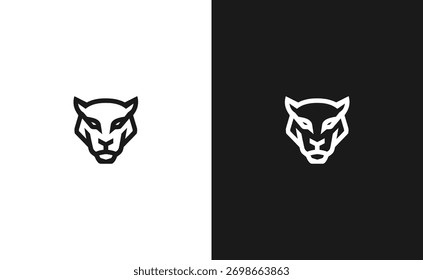 Esta imagem apresenta um design minimalista do logotipo da cabeça da pantera, representado em duas variações, uma em um fundo branco e outra em um fundo preto.
