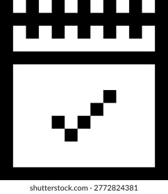 This image presents a minimalist pixel art illustration of a calendar interface featuring a checklist symbol, rendered in a clean black-and-white style. The composition is centered and highly structured, showing a rectangular calendar body with a distinct top binding section formed by evenly spaced pixel blocks, visually suggesting a traditional desk or wall calendar format. Inside the main calendar area, a simple diagonal checkmark composed of small square pixels conveys task completion, scheduling, or productivity tracking.

The design adopts a retro 8-bit aesthetic, characterized by sharp edges, uniform pixel alignment, and high contrast between solid black shapes and a light neutral background. The absence of gradients or decorative elements reinforces clarity and functional communication, making the icon immediately recognizable even at small sizes. The geometric simplicity ensures scalability across various digital resolutions without loss of legibility.

This visual is particularly suitable for user interface elements, productivity apps, task management systems, scheduling tools, and business dashboards. It can be effectively used in mobile applications, website icons, onboarding screens, marketing materials, or presentation slides where concepts such as planning, organization, deadlines, and workflow management need to be communicated quickly and clearly. The surrounding negative space allows easy integration into broader layouts, including banners or promotional graphics.

Overall, the image conveys efficiency, order, and task completion through a restrained and timeless pixel-art style, aligning well with both modern minimalist design trends and nostalgic digital themes.