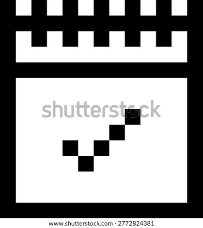 This image presents a minimalist pixel art illustration of a calendar interface featuring a checklist symbol, rendered in a clean black-and-white style. The composition is centered and highly structured, showing a rectangular calendar body with a distinct top binding section formed by evenly spaced pixel blocks, visually suggesting a traditional desk or wall calendar format. Inside the main calendar area, a simple diagonal checkmark composed of small square pixels conveys task completion, scheduling, or productivity tracking.

The design adopts a retro 8-bit aesthetic, characterized by sharp edges, uniform pixel alignment, and high contrast between solid black shapes and a light neutral background. The absence of gradients or decorative elements reinforces clarity and functional communication, making the icon immediately recognizable even at small sizes. The geometric simplicity ensures scalability across various digital resolutions without loss of legibility.

This visual is particularly suitable for user interface elements, productivity apps, task management systems, scheduling tools, and business dashboards. It can be effectively used in mobile applications, website icons, onboarding screens, marketing materials, or presentation slides where concepts such as planning, organization, deadlines, and workflow management need to be communicated quickly and clearly. The surrounding negative space allows easy integration into broader layouts, including banners or promotional graphics.

Overall, the image conveys efficiency, order, and task completion through a restrained and timeless pixel-art style, aligning well with both modern minimalist design trends and nostalgic digital themes.