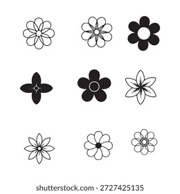 Esta Imagen presenta un conjunto minimalista de nueve íconos diferentes de flores y estrellas, representados en una simple estética en blanco y negro. Cada ícono presenta un diseño floral geométrico único o como una estrella, algunos representados como contornos y otros como Formas negras sólidas. Estos versátiles Vectores de estilo gráfico son ideales para una variedad de aplicaciones de diseño, incluyendo logotipos, Elementos decorativos, patrones o como símbolos simplificados que representan la naturaleza o el crecimiento. Sus líneas limpias y colores contrastantes las hacen altamente adaptables tanto para medios digitales como impresos, ofreciendo un toque moderno y elegante a cualquier proyecto que requiera motivos botánicos o estelares.