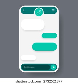 This image presents a modern mobile chat application user interface with message bubbles, input field, and navigation icons