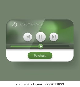 This image presents a modern music streaming subscription UI featuring playback controls, progress bar, and premium purchase button