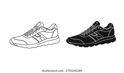 This image presents a monochromatic depiction of running shoes, highlighting their form and design through a clean line art style. high-quality professional detailed