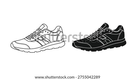 This image presents a monochromatic depiction of running shoes, highlighting their form and design through a clean line art style. high-quality professional detailed