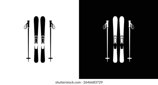 Esta imagem apresenta esquis, botas e postes monocromáticos de equipamento de esqui. O equipamento é exibido tanto em preto sobre um fundo branco e branco sobre um fundo preto.