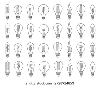 This image presents a neatly arranged collection of illustrated light bulbs, drawn in a minimalist black outline style against a white background. The set includes multiple rows of bulbs, each featuring a distinct shape and internal filament configuration. The variety ranges from classic incandescent forms to elongated, teardrop, flame-shaped, and rounded bulbs, evoking vintage Edison-style lighting.

Each bulb is rendered with precise, technical line work, emphasizing the structure of the glass envelope, the screw base, and the filament inside. The filaments vary in design—spirals, straight rods, loops, and complex coils—highlighting both functional and aesthetic differences. The consistent line thickness and uniform spacing give the composition a clean, organized, and almost schematic appearance.