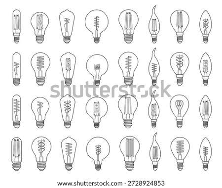 This image presents a neatly arranged collection of illustrated light bulbs, drawn in a minimalist black outline style against a white background. The set includes multiple rows of bulbs, each featuring a distinct shape and internal filament configuration. The variety ranges from classic incandescent forms to elongated, teardrop, flame-shaped, and rounded bulbs, evoking vintage Edison-style lighting.

Each bulb is rendered with precise, technical line work, emphasizing the structure of the glass envelope, the screw base, and the filament inside. The filaments vary in design—spirals, straight rods, loops, and complex coils—highlighting both functional and aesthetic differences. The consistent line thickness and uniform spacing give the composition a clean, organized, and almost schematic appearance.