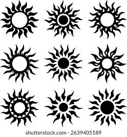 This image presents nine unique sun icons, each rendered in striking black and white, showcasing diverse ray shapes and patterns for various visual representations.