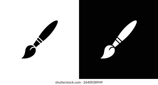 This image presents a painting brush icon in black and white, contrasted against both a white and black background, showcasing artistic tools and creative designs.