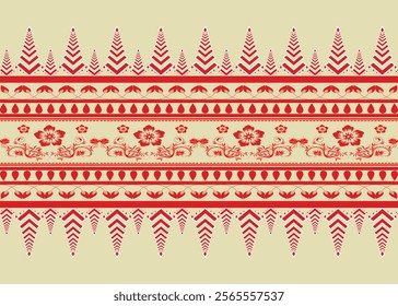 This image presents a pattern with a pale yellow background. The pattern is organized into distinct horizontal sections:Features rows of small, stylized red flowers with a gradient effect,